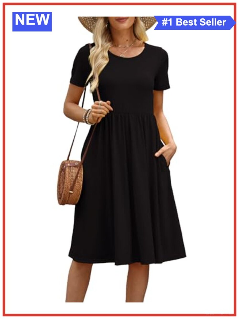 Summer Midi Dress Crew Neck Short Sleeve A-Line Pockets Sundress